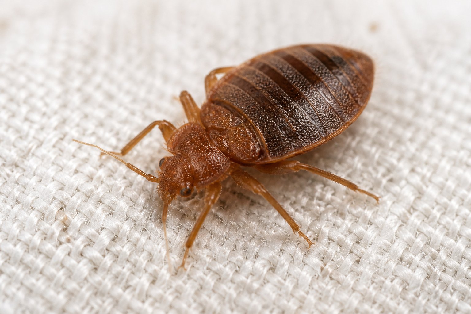 Close-up image of a bed bug on a mattress fabric showing detailed features of the insect and fabric texture.