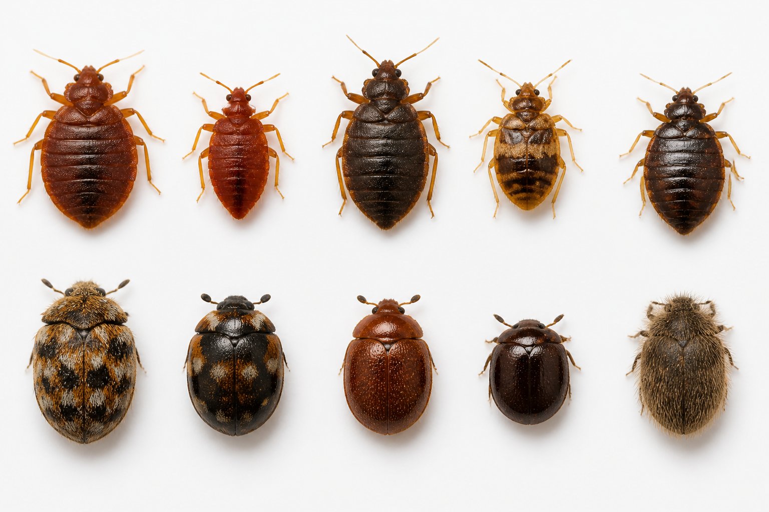 Close-up image of bed bugs and similar insects that can be mistaken for household pests, shown on a white background.