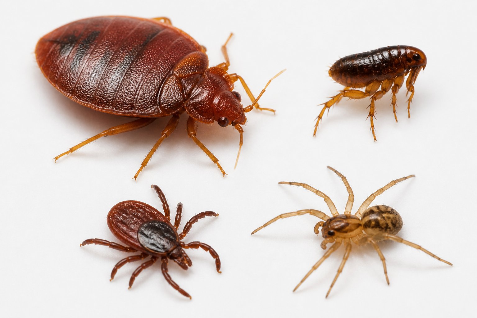 Close-up image showing a bed bug alongside other small crawling pests for comparison.