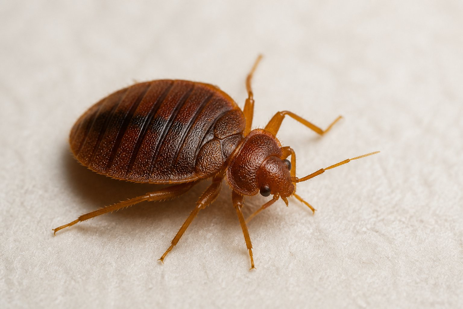 Close-up view of a bed bug on a plain background showing its body and legs clearly.
