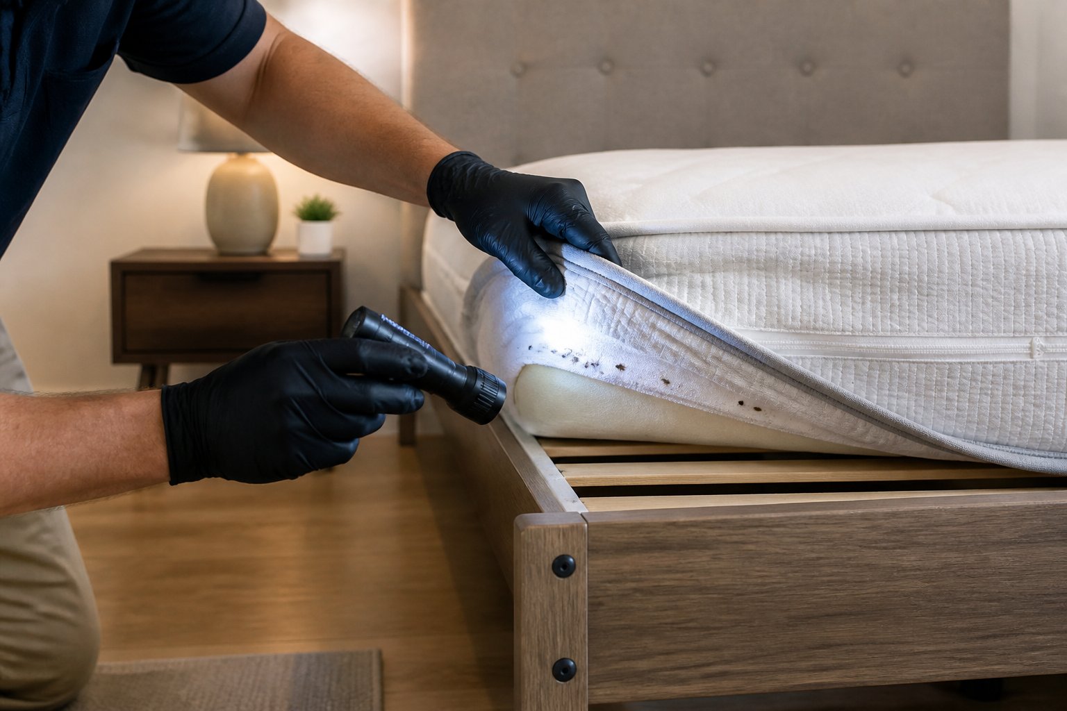 Person inspecting a mattress and bed frame closely with a flashlight for signs of bed bugs in a bedroom.
