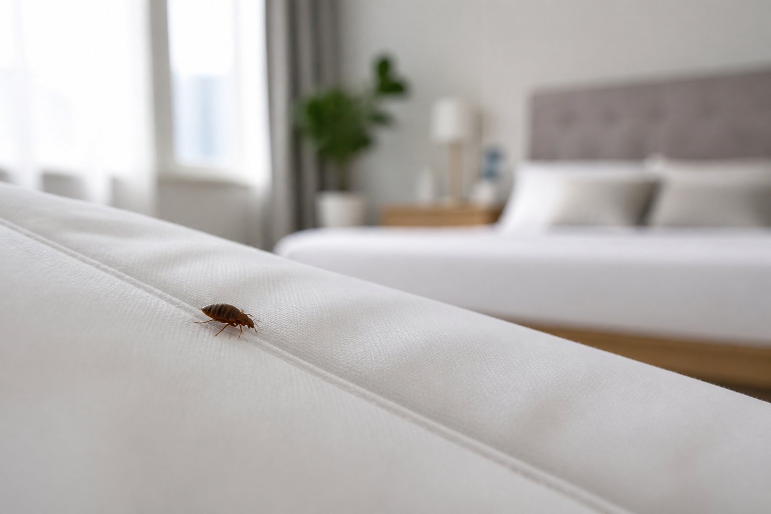 Close-up of a bed bug on a white bedsheet in a clean, tidy bedroom.