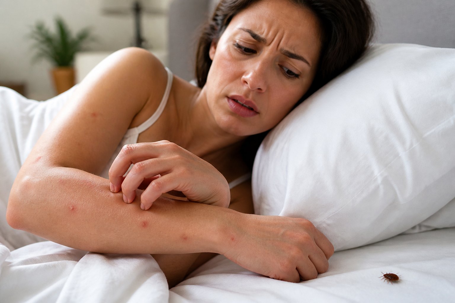 Person lying in bed scratching their arm with visible red bite marks, showing concern.