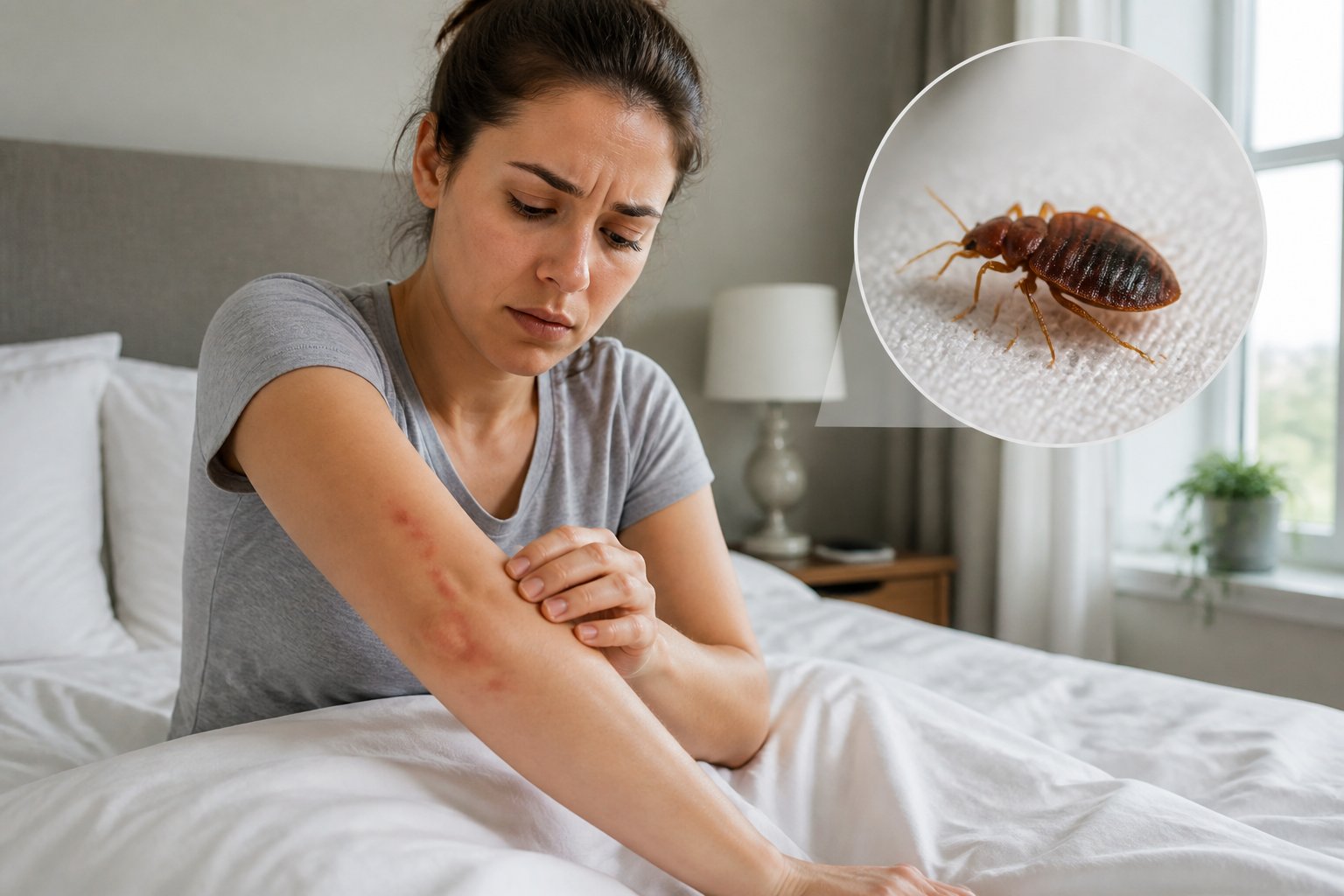 Person in bed examining red bite marks on their arm with a concerned expression in a bedroom.