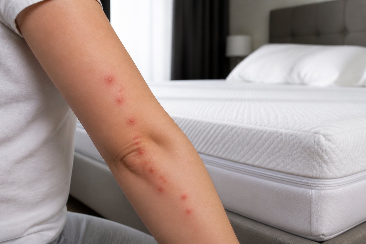 Close-up of a person's arm with red bite marks near a bed and mattress in a bedroom.