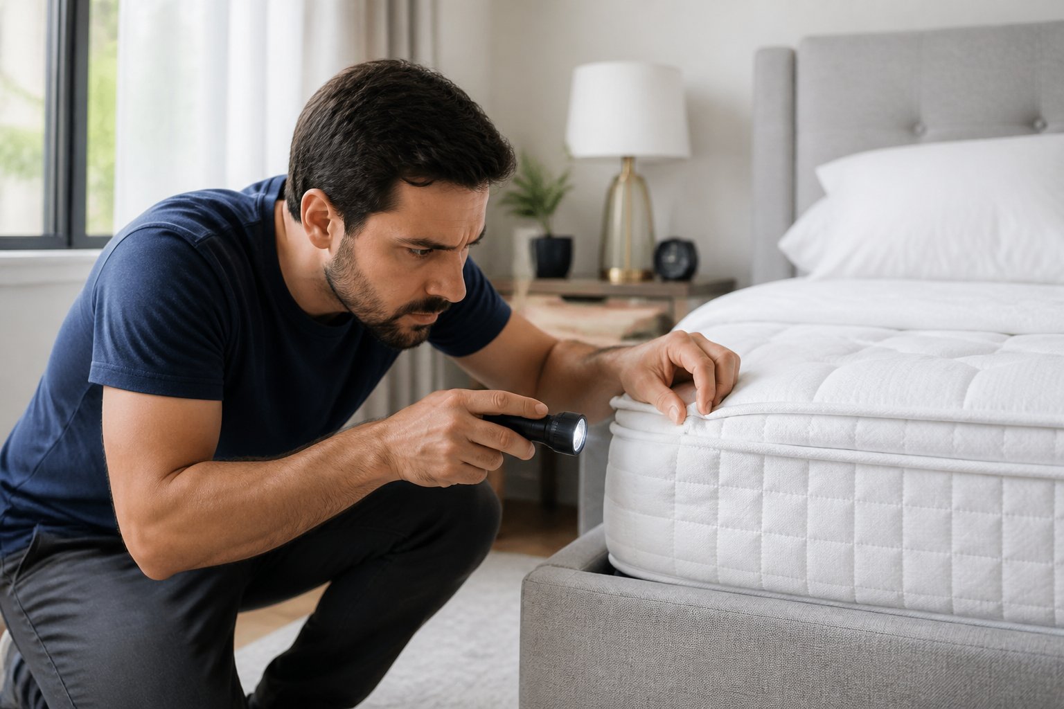 A person inspecting a mattress closely with a flashlight in a bedroom, looking concerned.