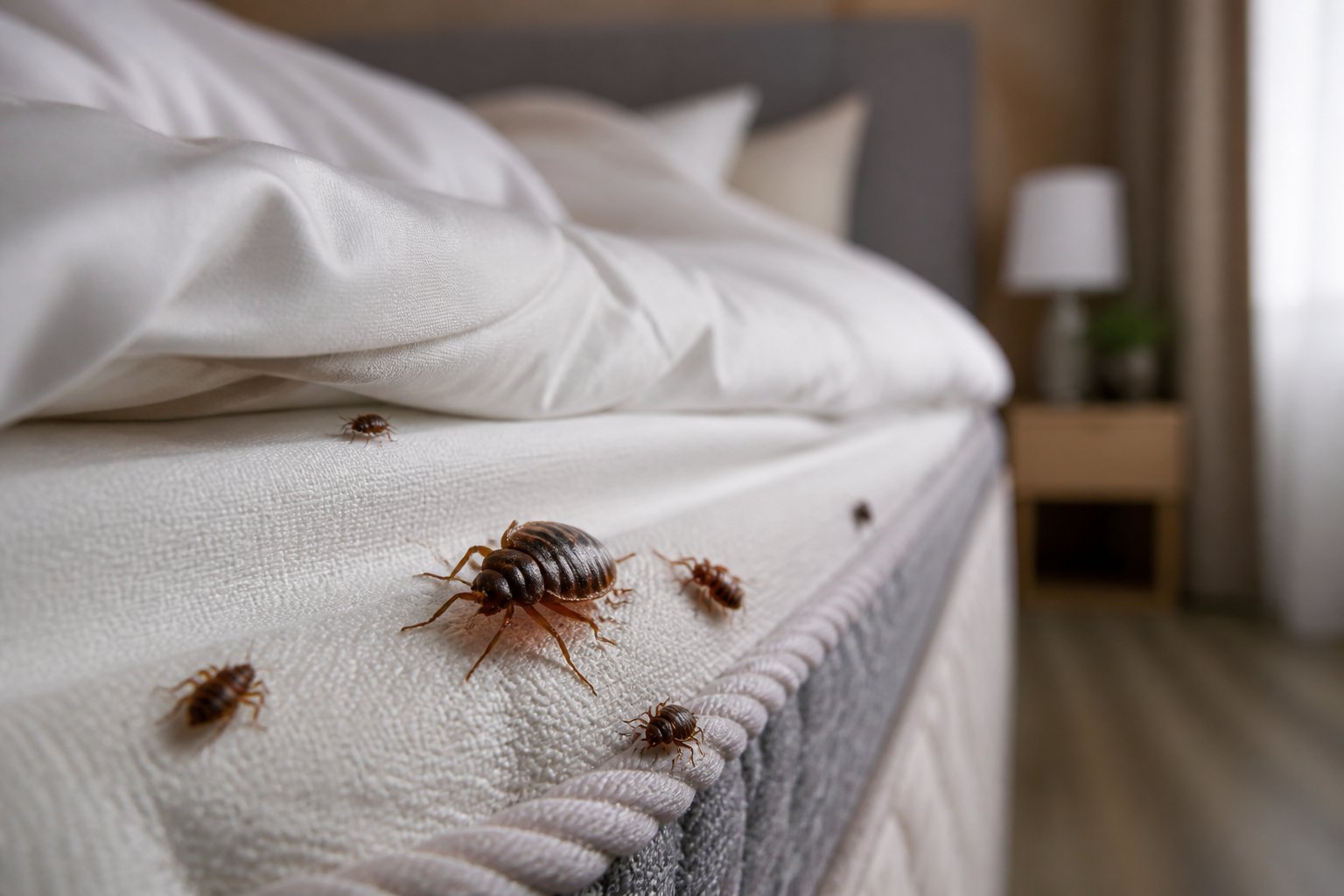 Close-up of bed bugs crawling on a mattress in a bedroom.
