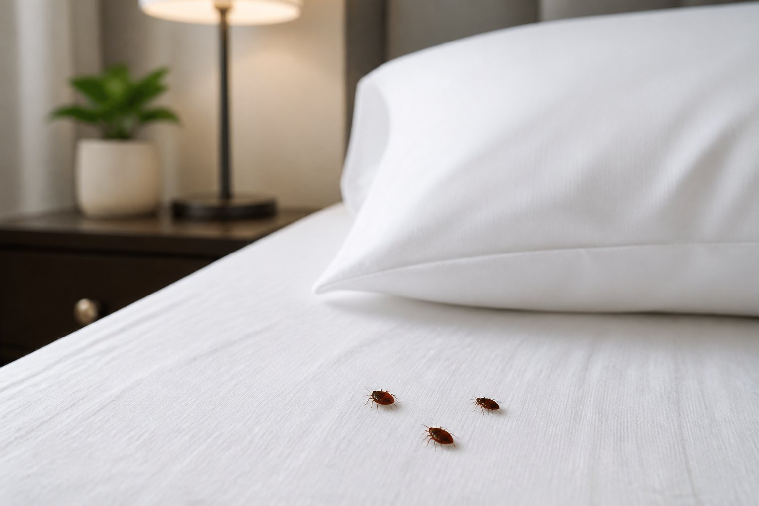 A close-up of a bed with white sheets showing a few bed bugs on the mattress near the edge.