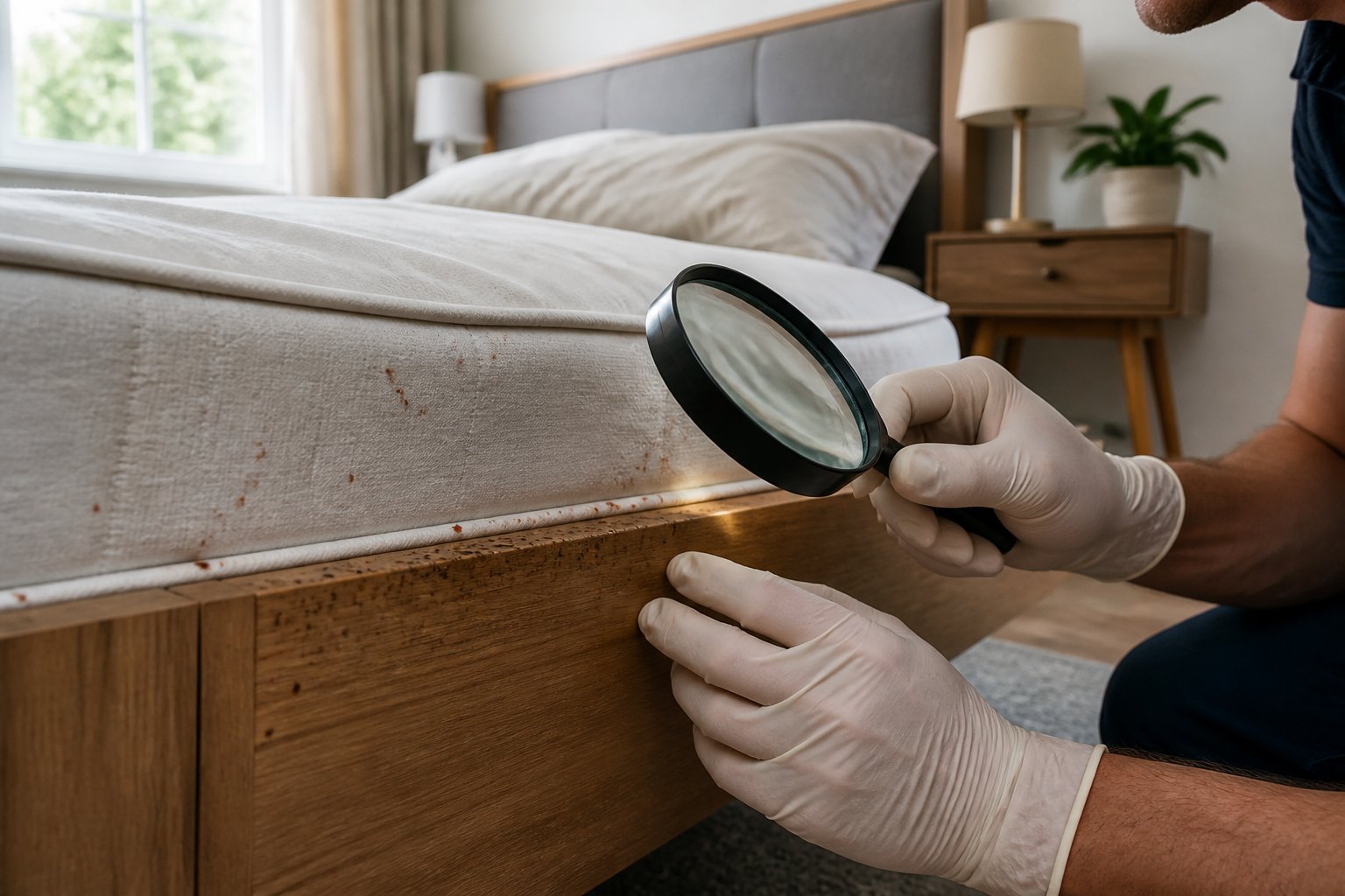 A person wearing gloves inspects a mattress closely for bed bugs in a bright, tidy bedroom.