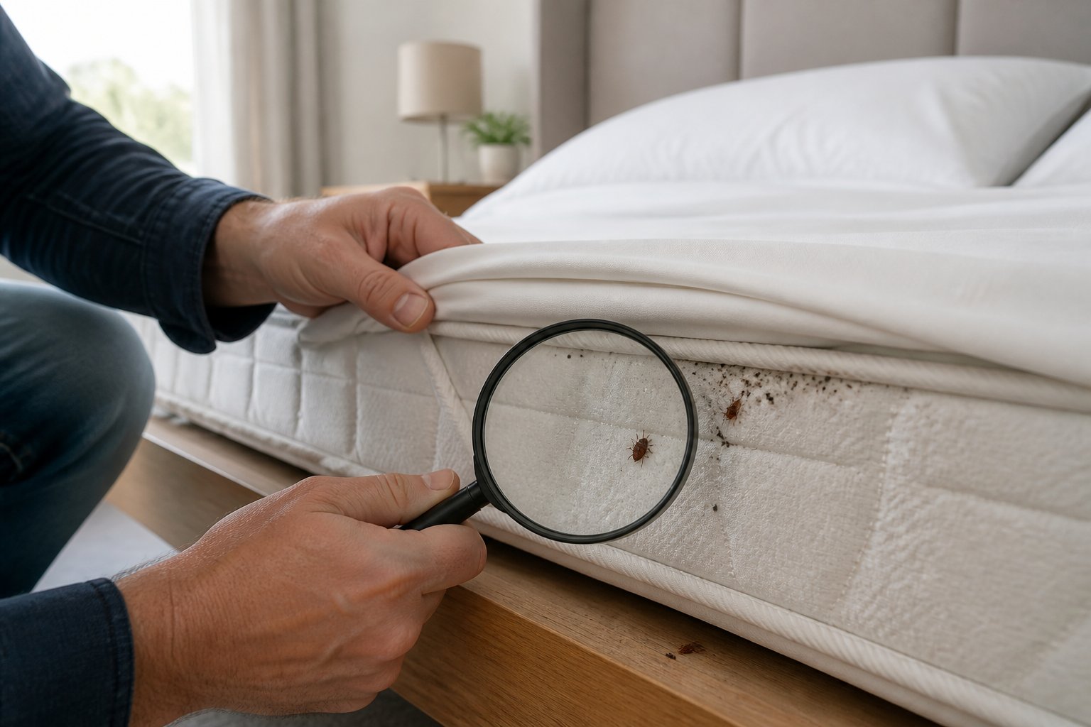 Person inspecting mattress seams closely for bed bugs in a bedroom setting.