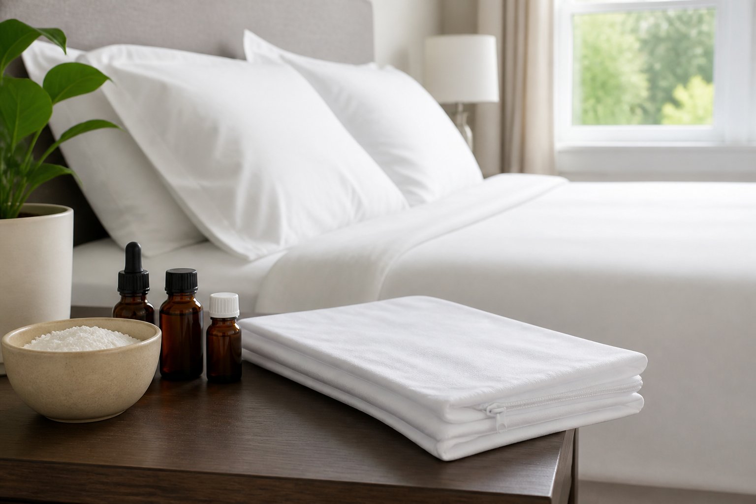 A clean bedroom with a neatly made bed and natural pest control items on a bedside table.