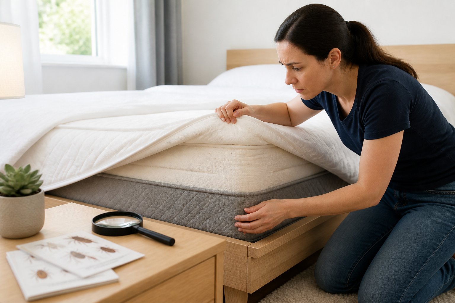 An adult inspecting the corner of a mattress in a bright bedroom, looking for bed bugs.