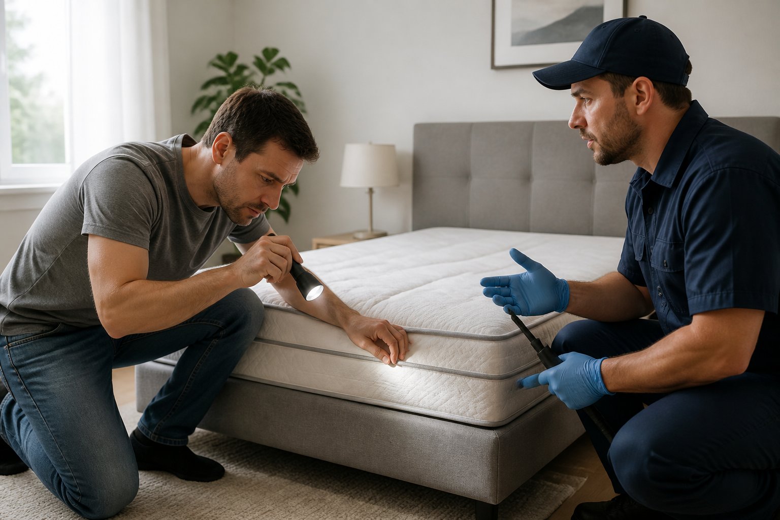 A homeowner and a pest control technician inspecting a mattress for bed bugs in a bedroom.