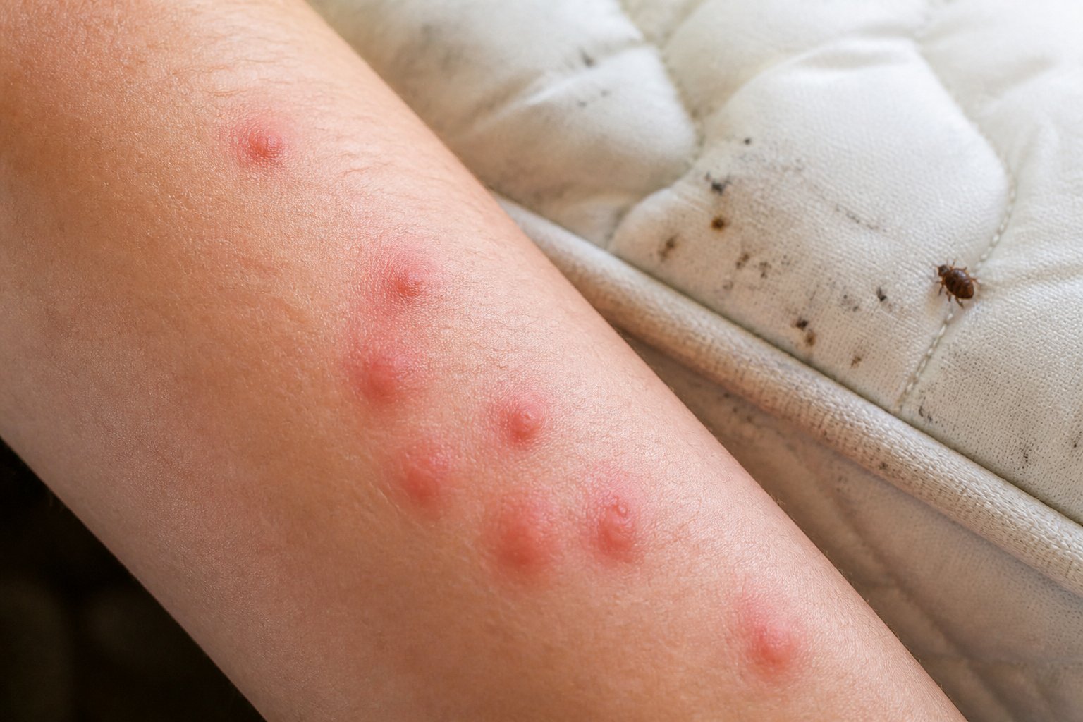 Close-up of a person's arm with red, itchy bite marks and a blurred mattress with a small bed bug in the background.