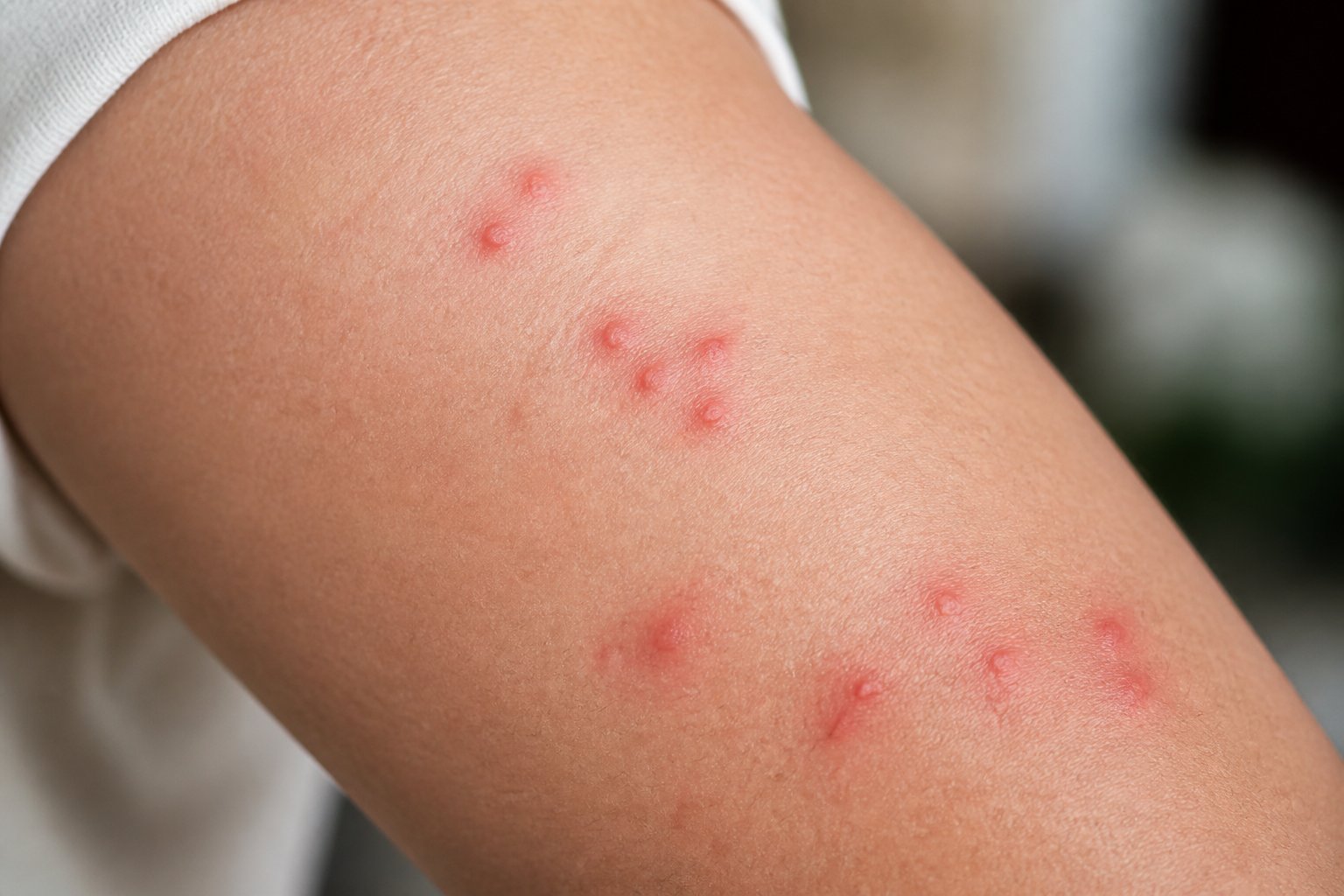 Close-up of human skin with several small red bed bug bites showing irritation and swelling.