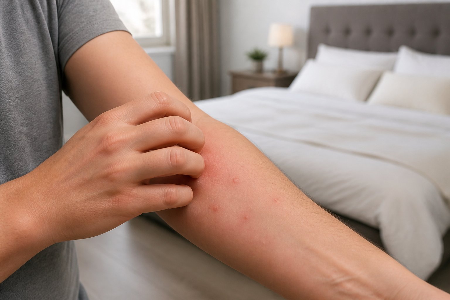 A person scratching a red itchy bite on their forearm in a bright bedroom with a neatly made bed in the background.