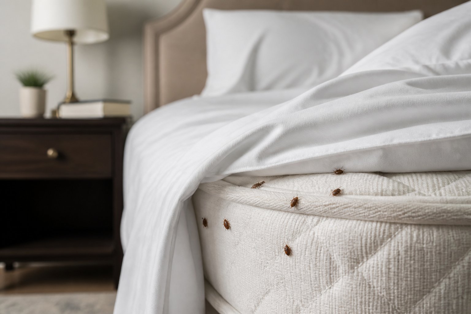Close-up of a bed mattress edge with small bed bugs visible in the seams, in a tidy bedroom setting.