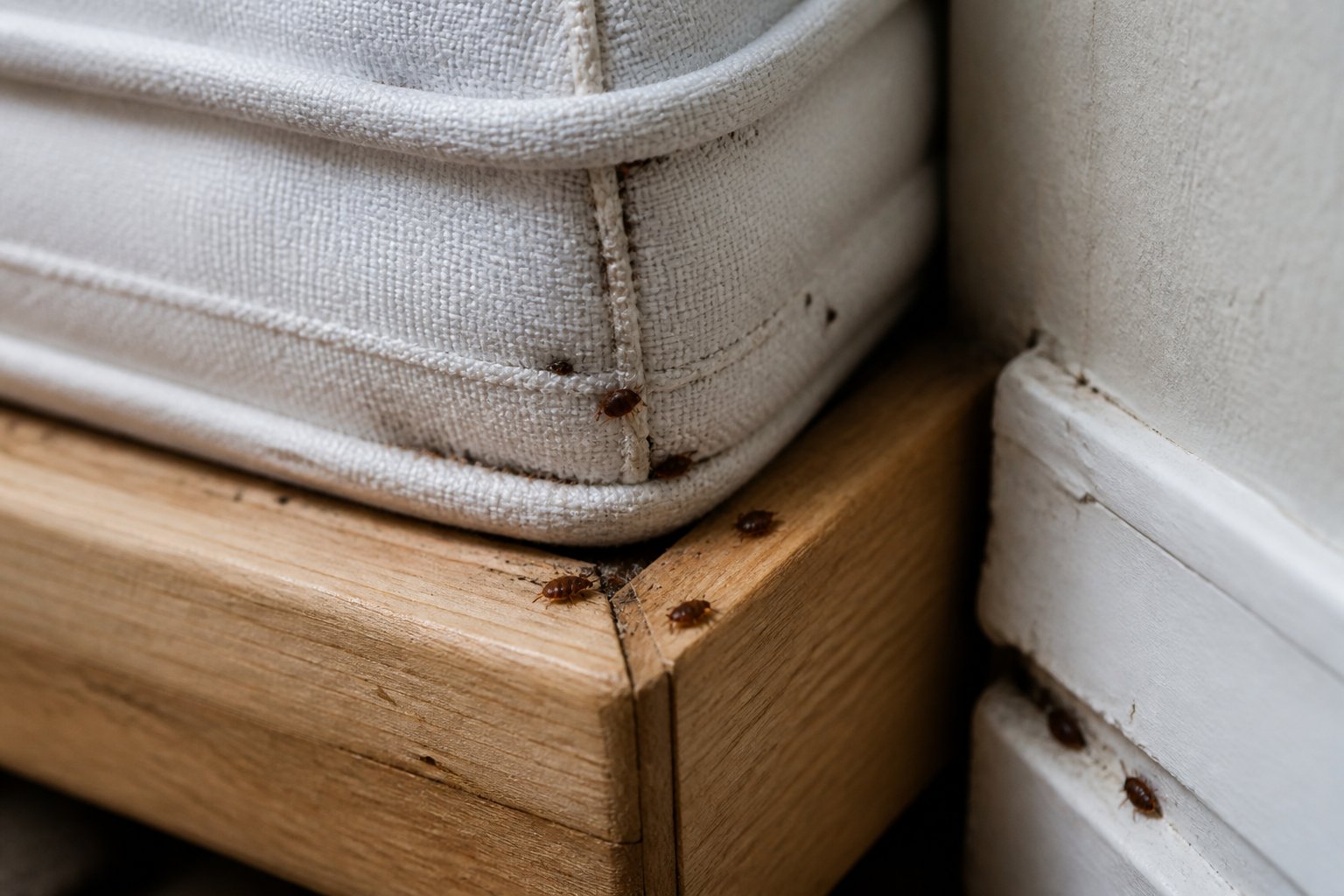 Close-up of a bed frame corner and mattress seam with small bed bugs hiding in cracks and crevices.