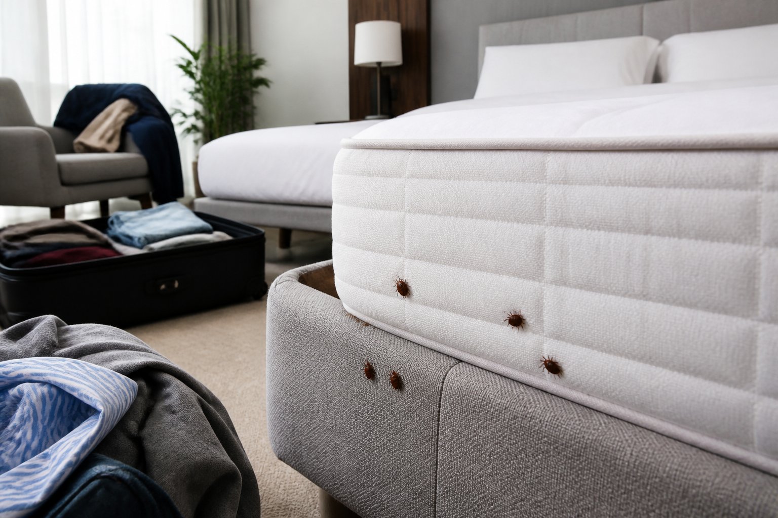 Close-up of bed bugs on a mattress in a clean bedroom with luggage and clothing nearby.