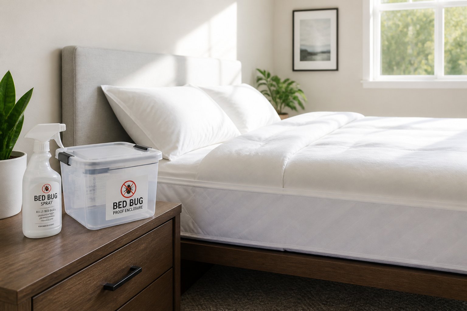 A clean, bright bedroom with a neatly made bed and mattress encased in a protective cover, showing a safe and pest-free environment.