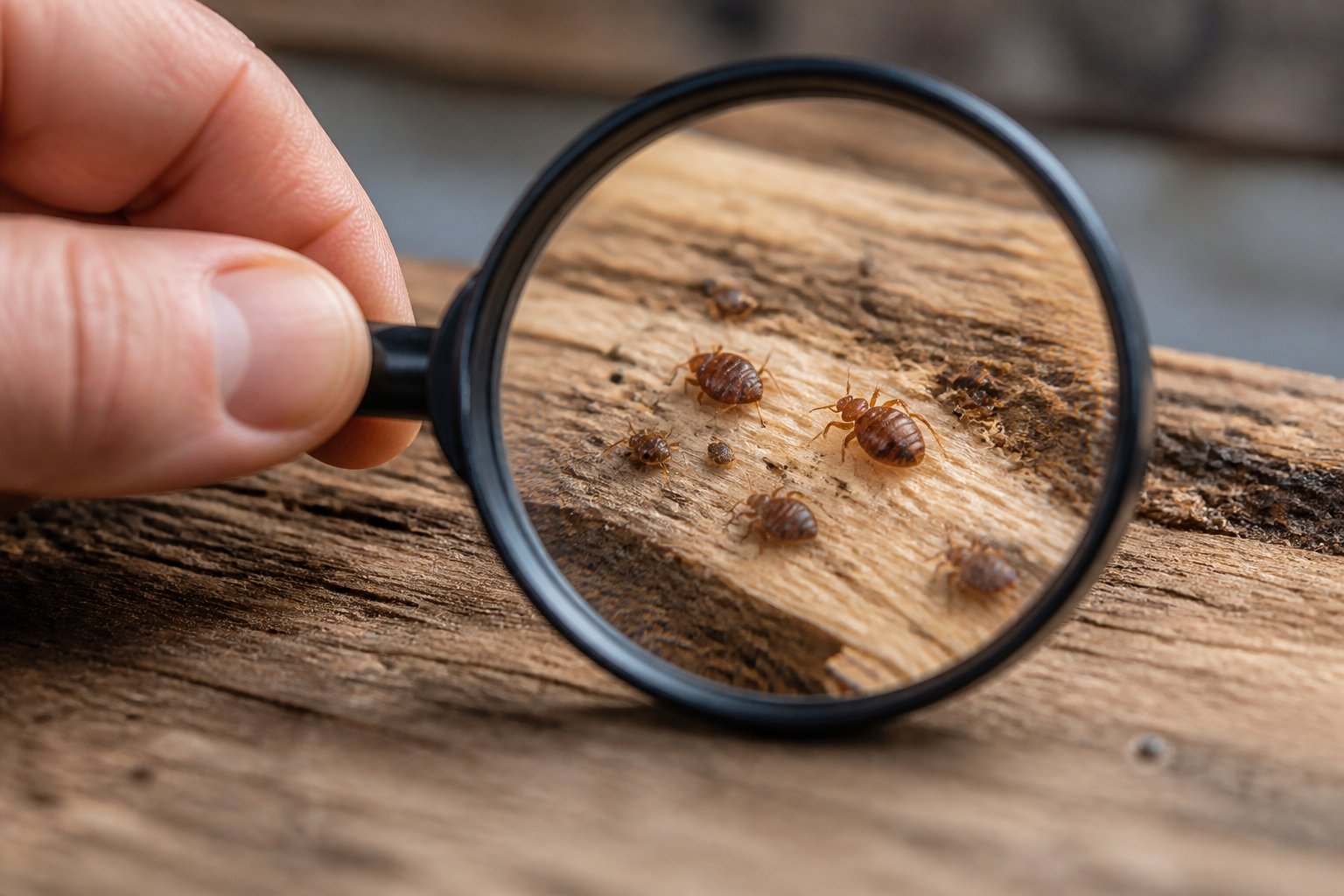 A hand holding a magnifying glass over bed bugs on a wooden surface.