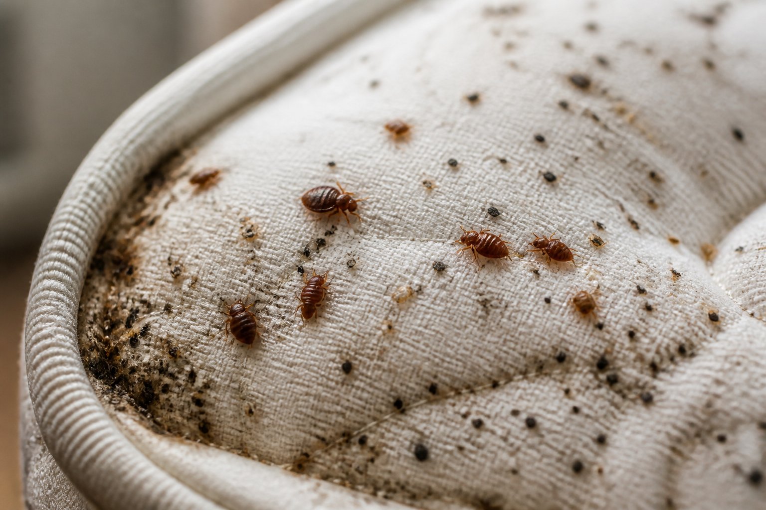 Close-up of a mattress surface with bed bugs, stains, and debris indicating an infestation.