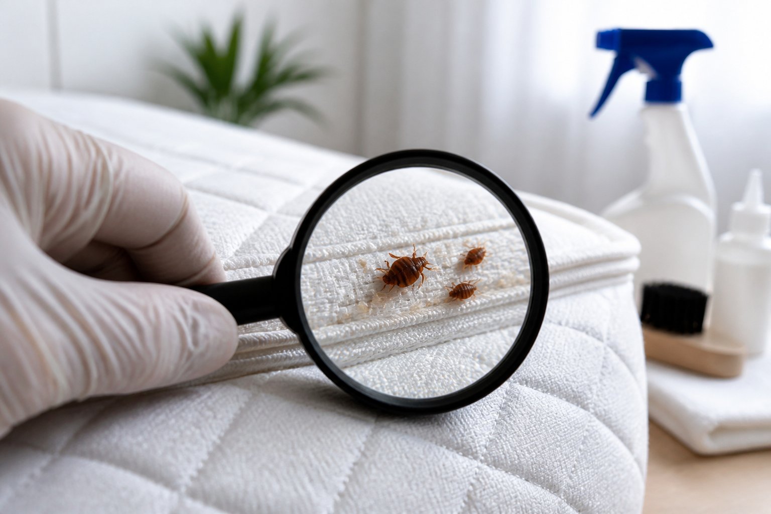 A person wearing a glove uses a magnifying glass to inspect a mattress closely for bed bugs.