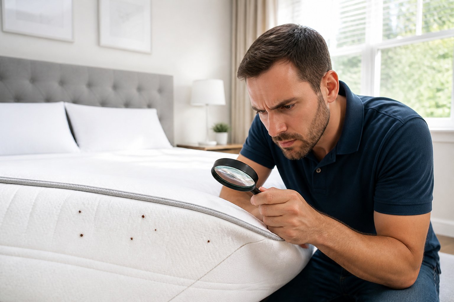 A person closely inspecting a mattress with a magnifying glass in a bright bedroom, looking for bed bugs.