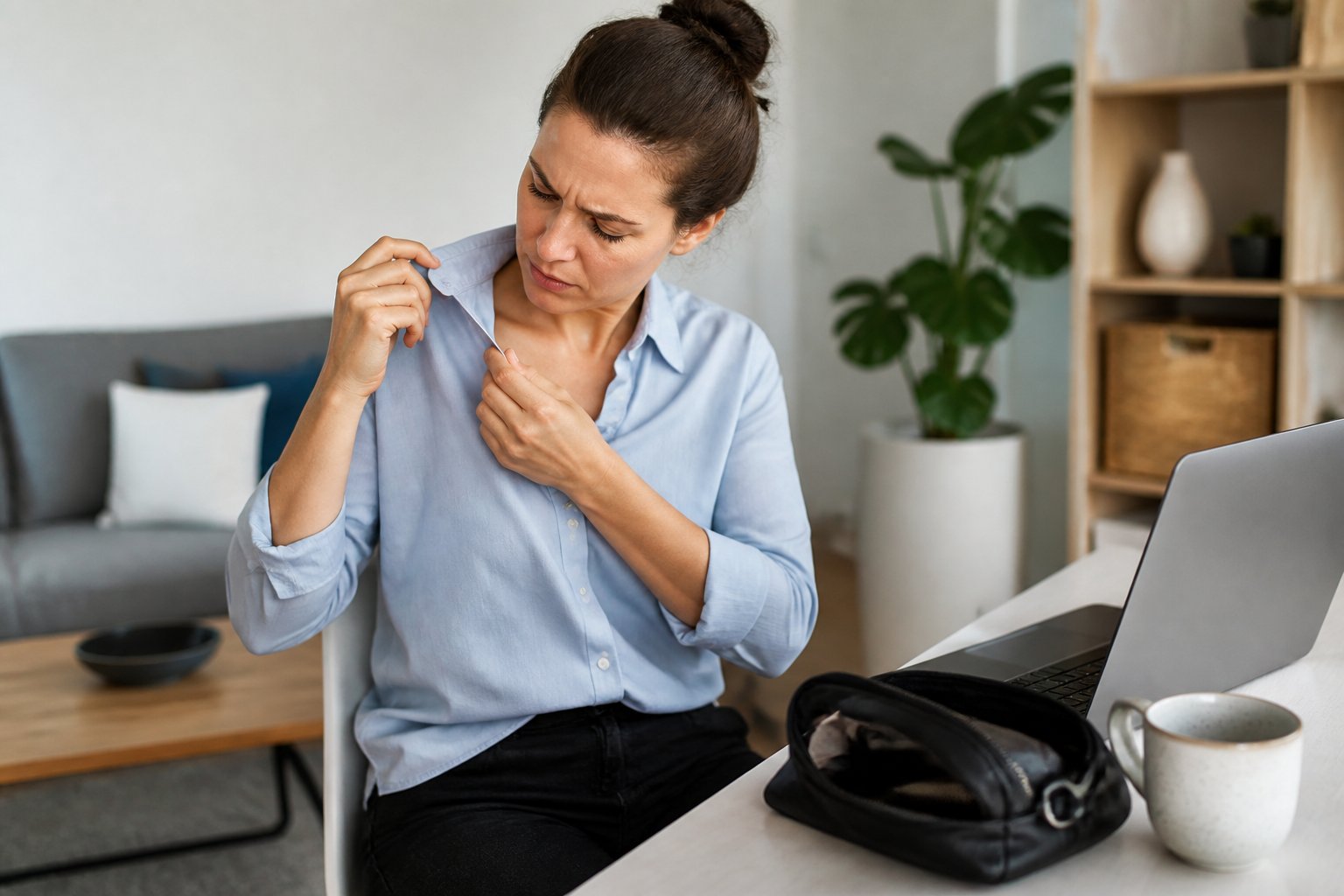 A woman at home inspecting her clothing carefully after suspected bed bug exposure from work.