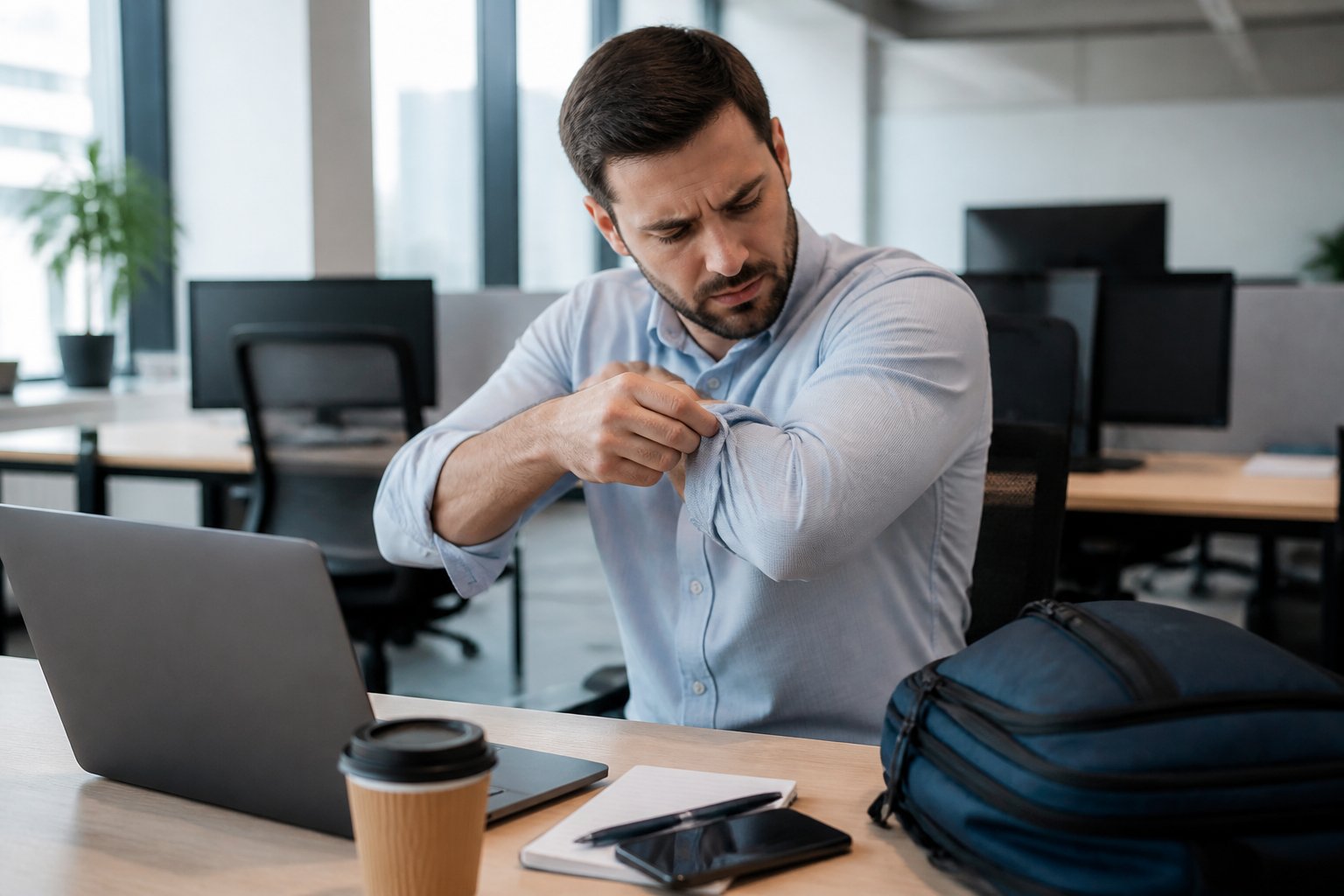 An adult in an office closely inspecting their clothing and belongings for bed bugs.