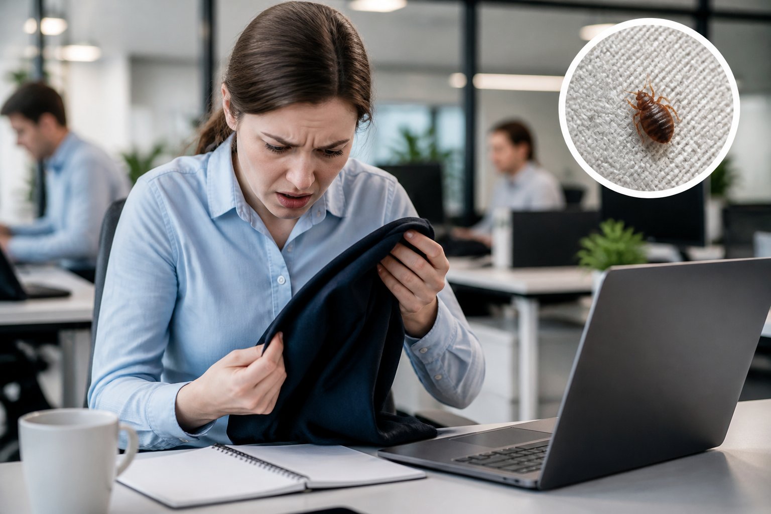 An office worker looking concerned while checking their clothing in a modern office setting with coworkers in the background.