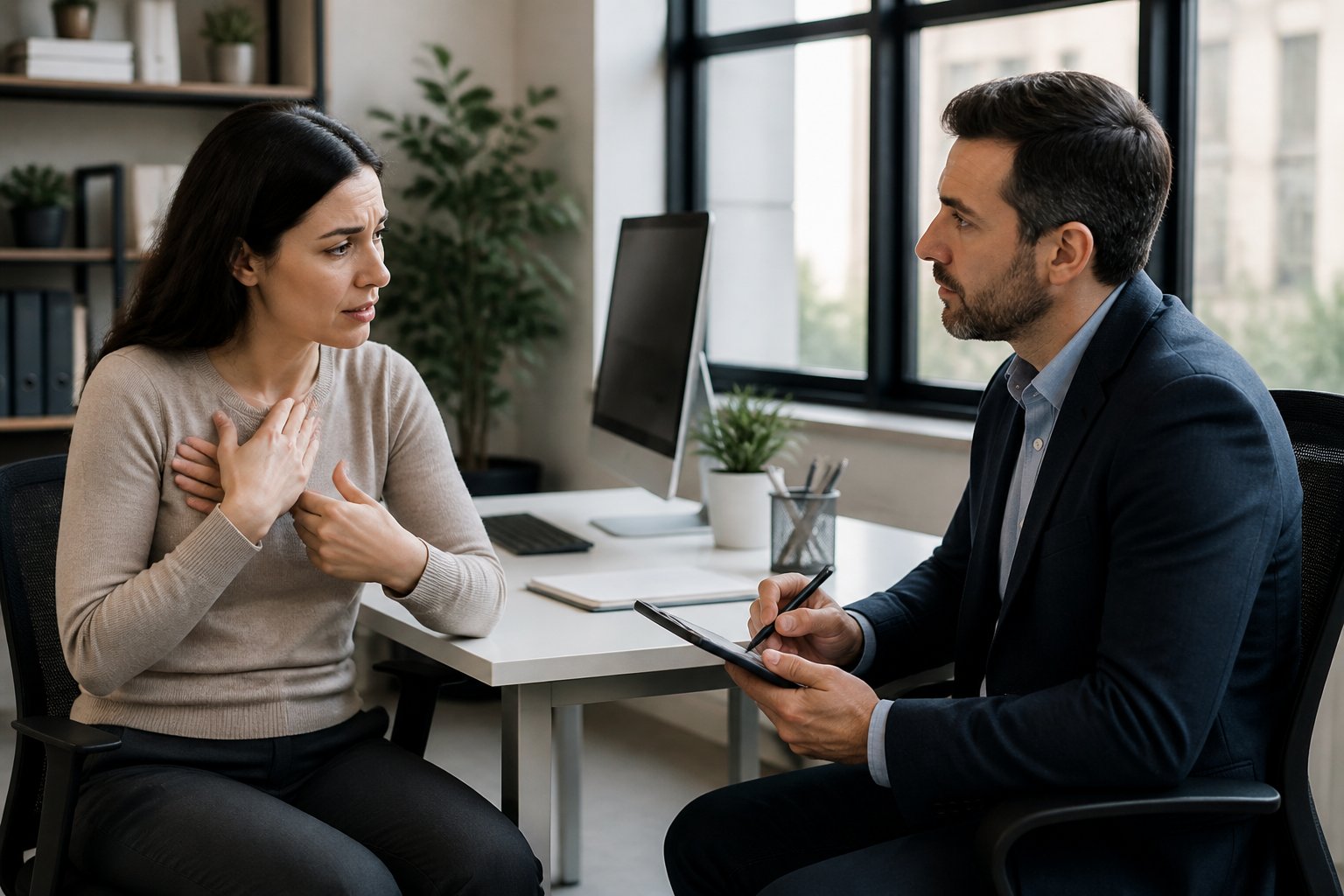 An employer attentively listening to a concerned employee in an office setting.