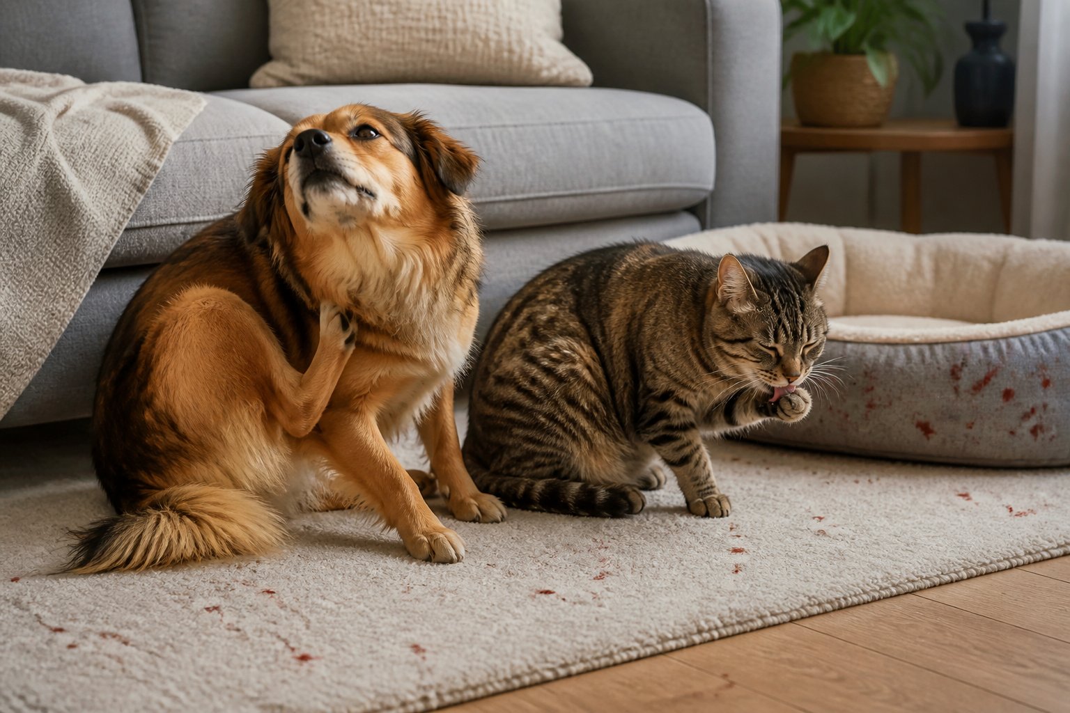 A dog scratching its neck and a cat licking its paw in a living room, showing signs of discomfort.