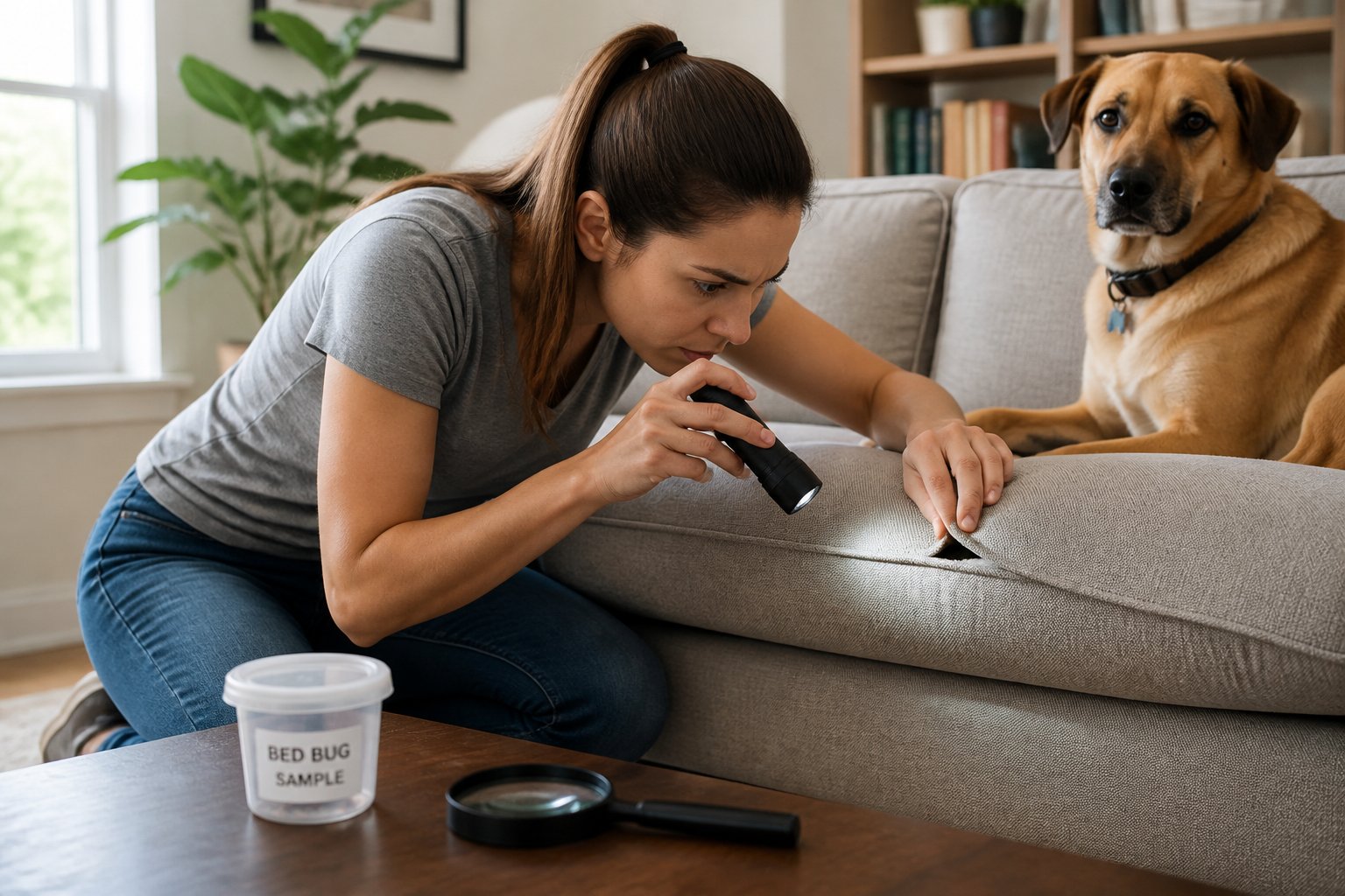 A person inspecting a couch for bed bugs while a dog sits nearby in a living room.