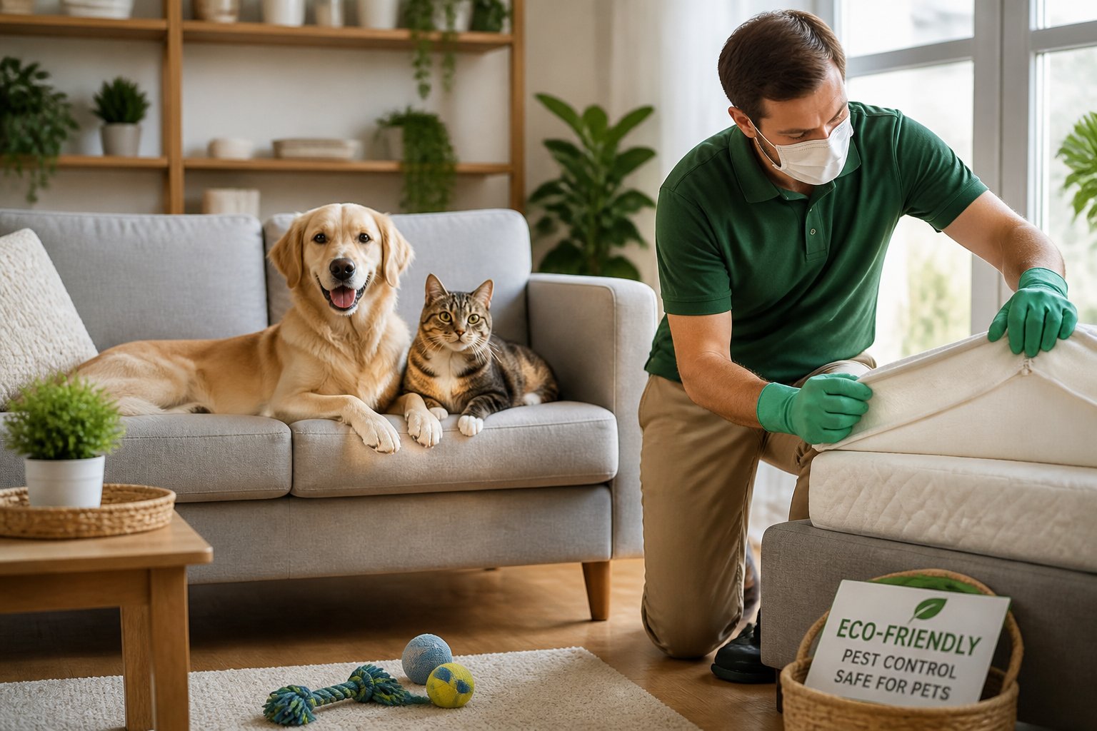 A dog and cat sitting calmly on a couch while a person inspects furniture for bed bugs using safe methods.