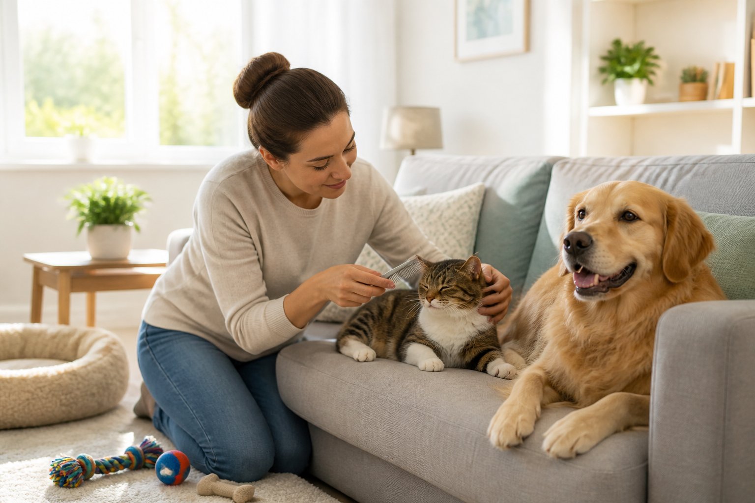 A person carefully combing a dog’s fur while a cat rests on a couch in a clean, bright living room.