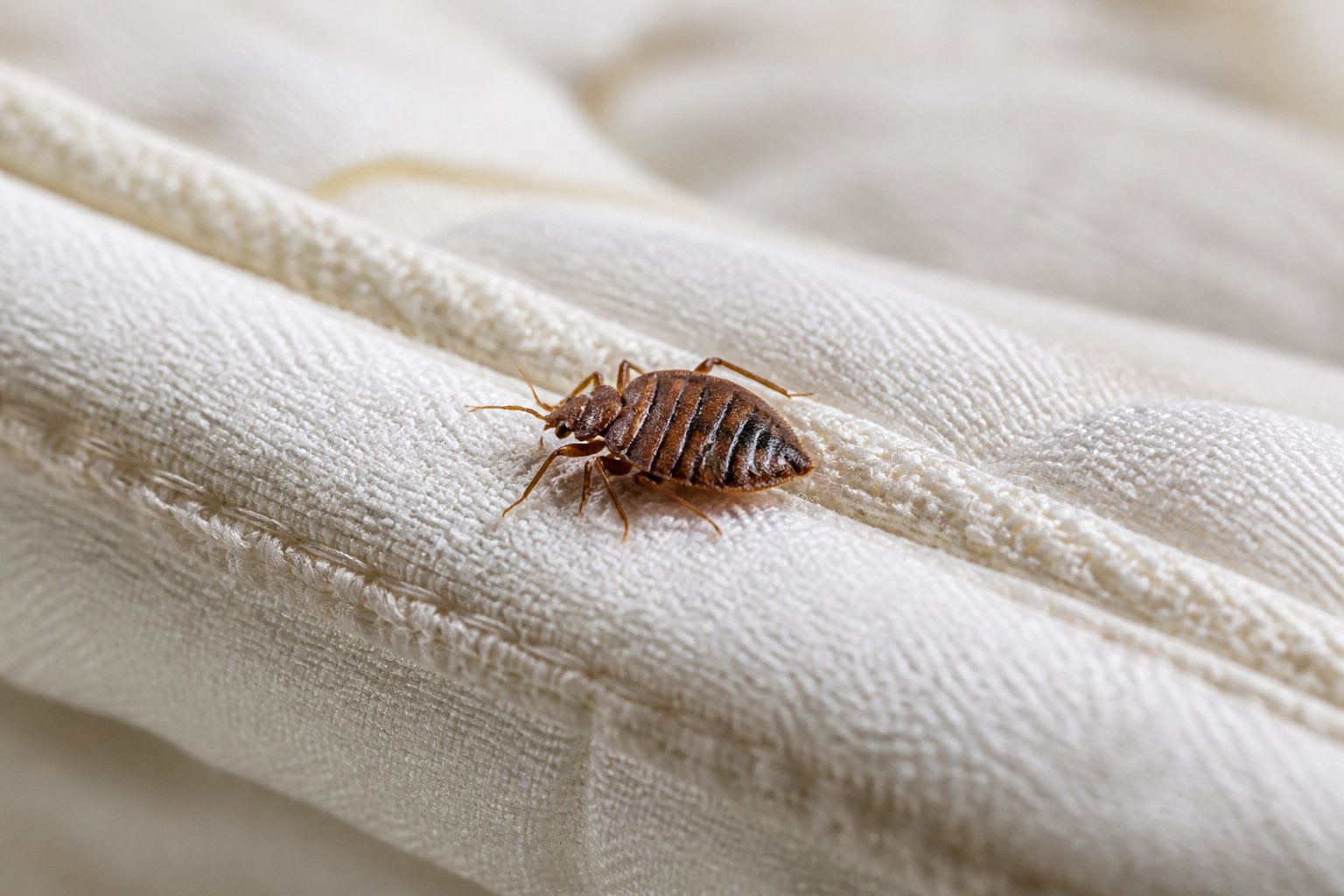 Close-up of a bed bug on a mattress seam.