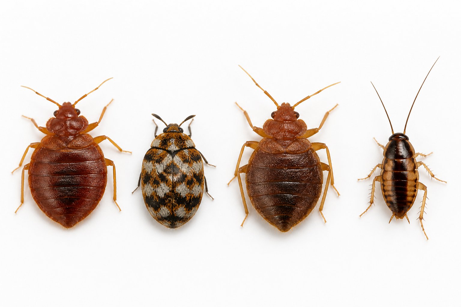 Close-up view of several common household pests including a bed bug, carpet beetle, bat bug, and cockroach nymph arranged side by side on a white background.