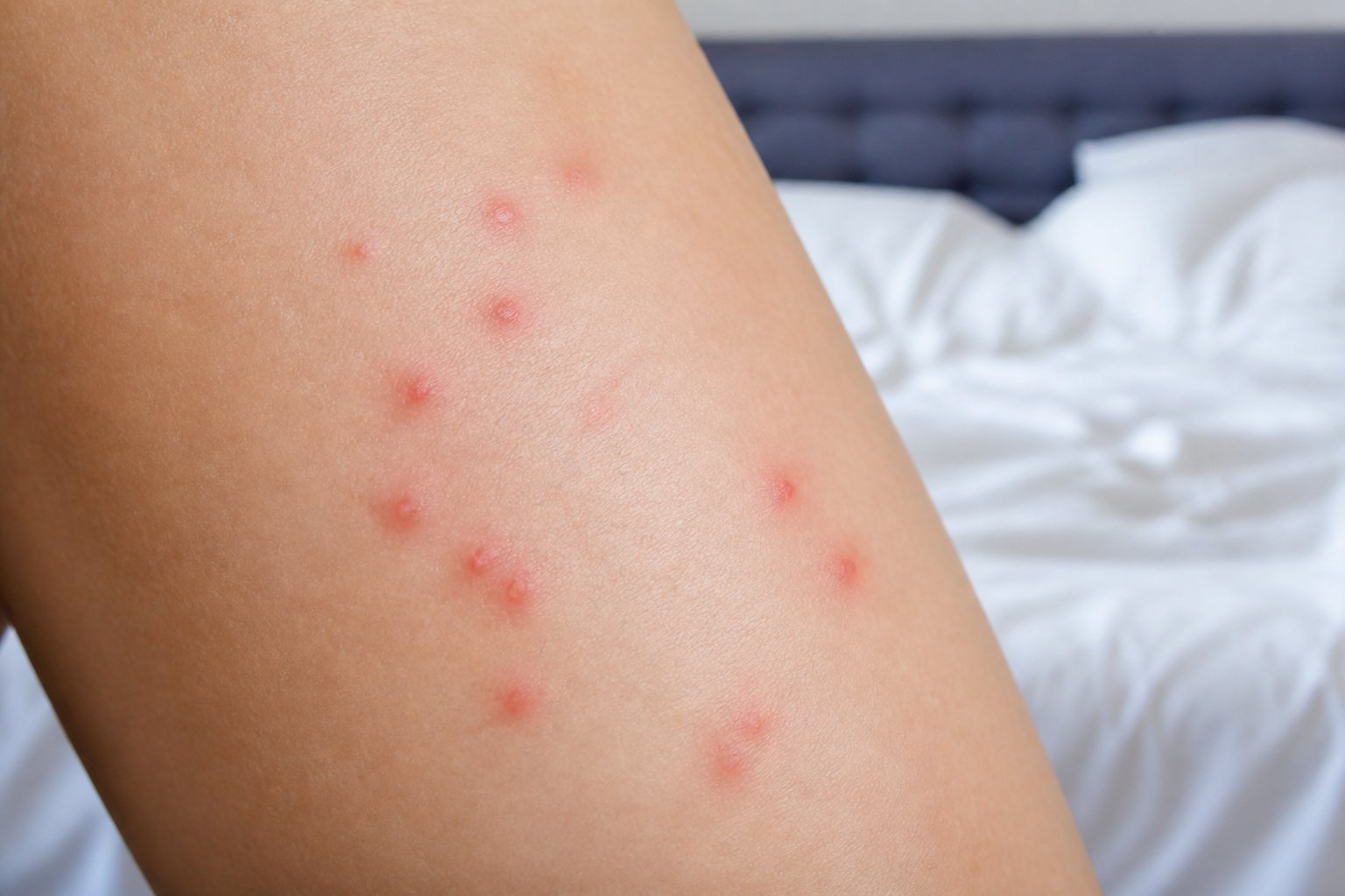 Close-up of human skin with red clustered bites and blurred mattress in the background.
