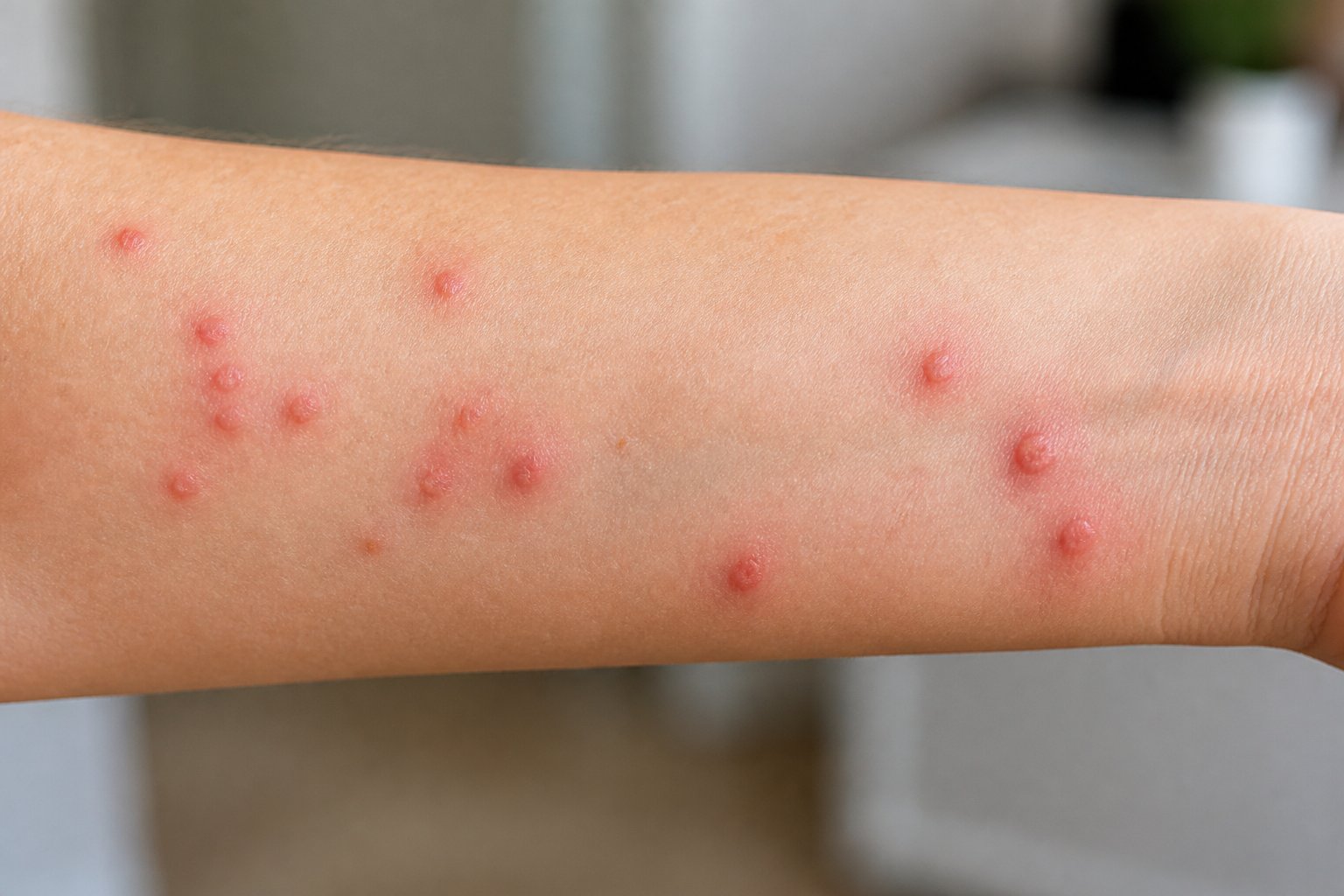 Close-up of a person's forearm with several red insect bites of different sizes and patterns.