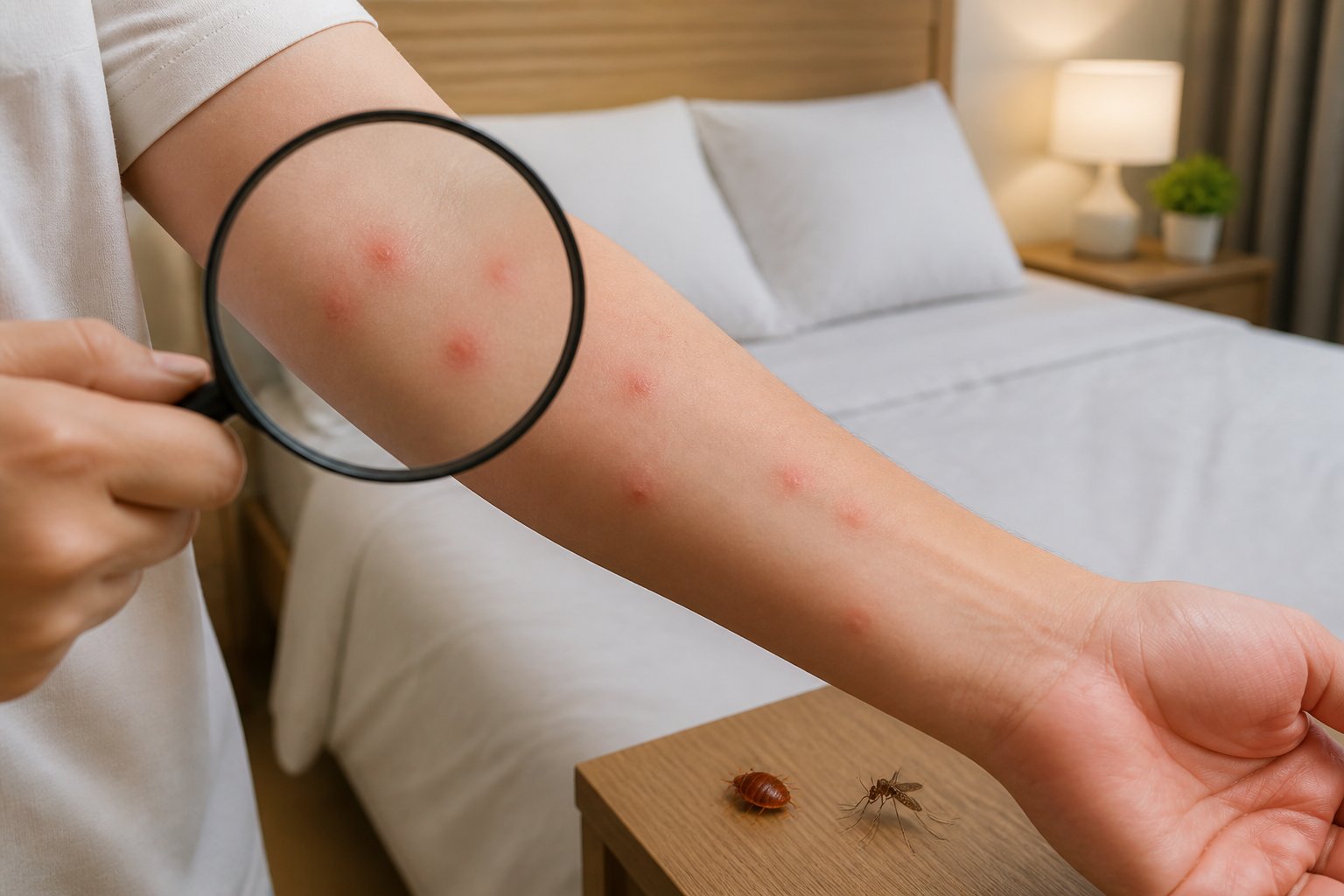 Close-up of a person's arm with red bite marks in a bedroom setting, with a magnifying glass inspecting the bites and small insects nearby.