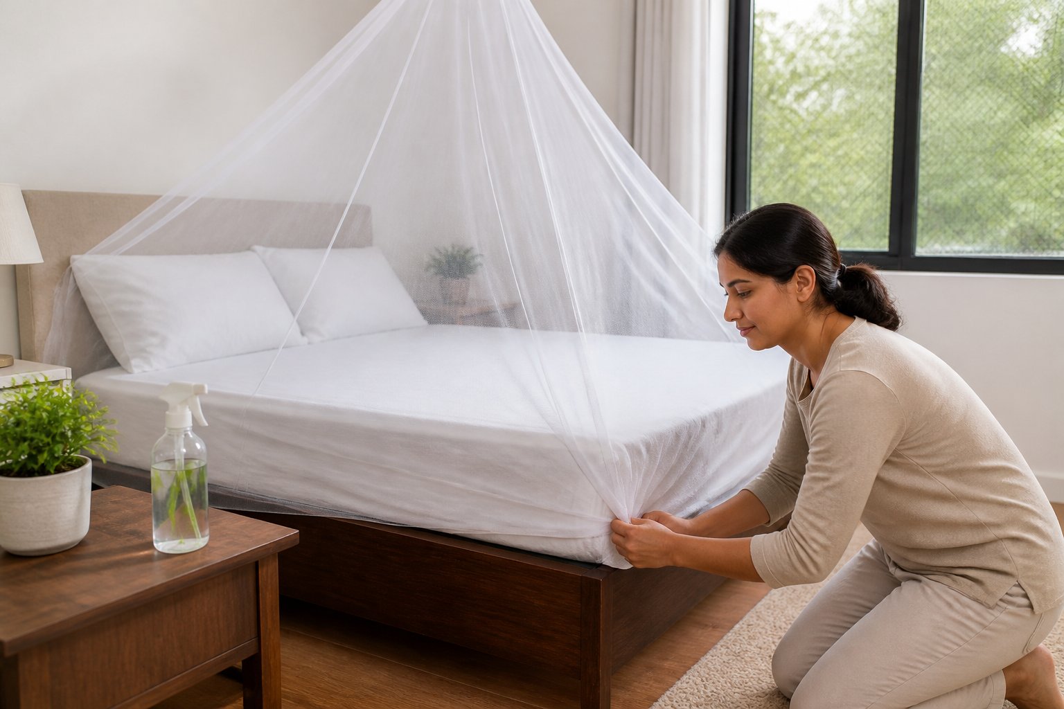 A person securing a protective bed net over a bed in a clean bedroom with insect repellent and a screened window visible.
