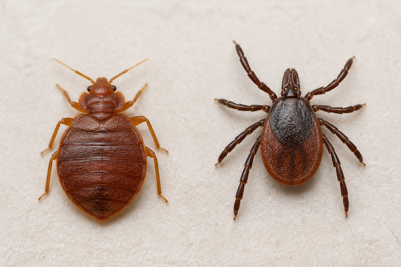 Close-up view of a bed bug and a tick side by side on a plain background.
