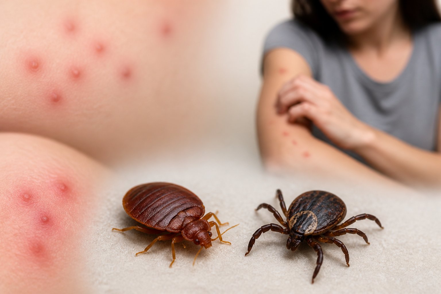 Close-up of a bed bug and a tick side by side with red bite marks on skin and a person scratching their arm in the background.