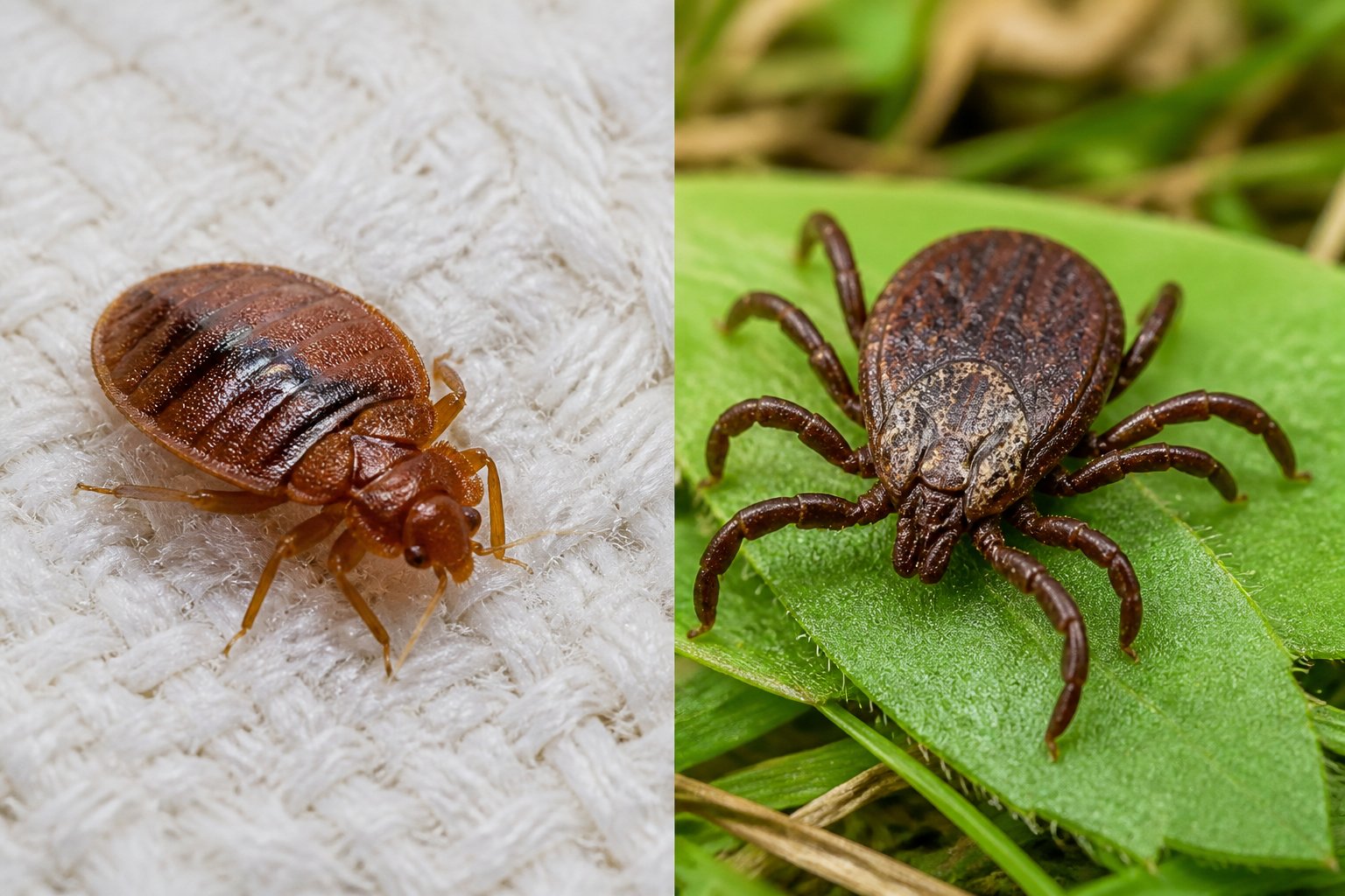Close-up view of a bed bug and a tick side by side with a mattress fabric and green grass background.
