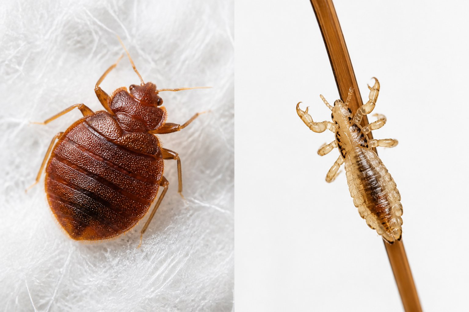 Close-up comparison of a bed bug on fabric and a louse on a strand of hair.