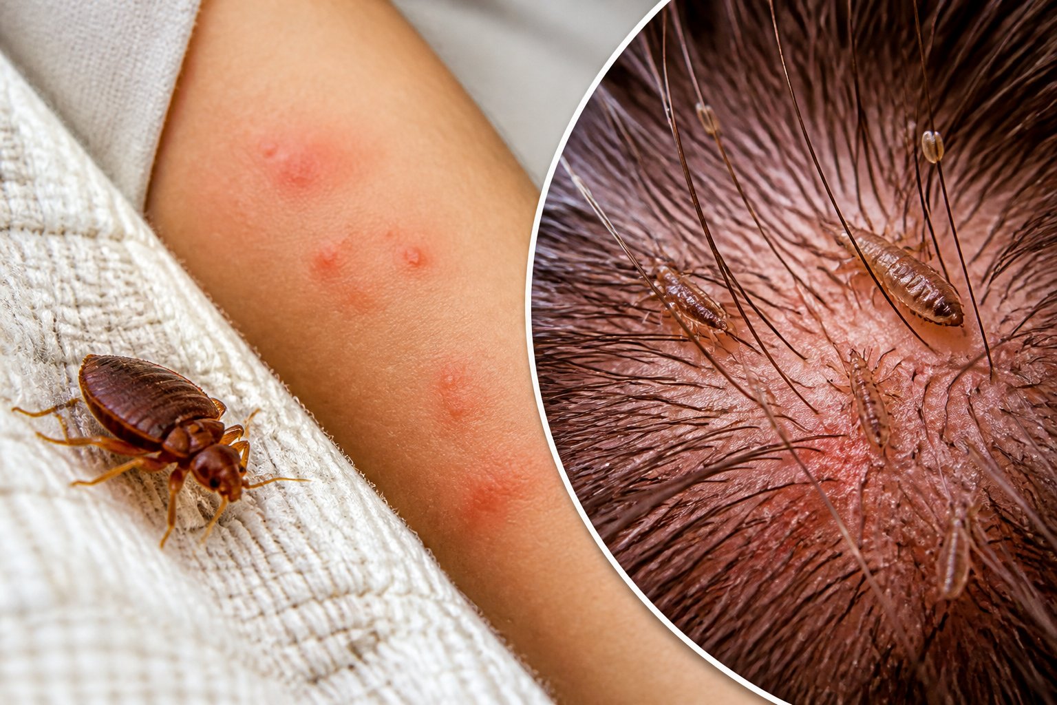 Close-up view of bed bugs on fabric and lice on hair with visible skin irritation and bite marks.