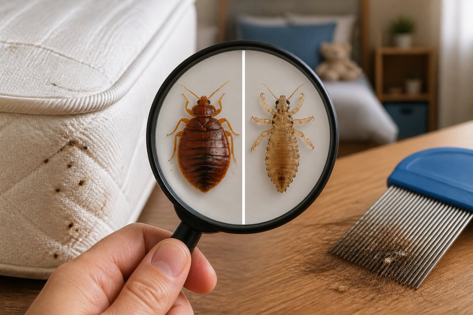 Close-up of a hand holding a magnifying glass showing a bed bug and a louse, with a bedroom background including a bed and a lice comb nearby.