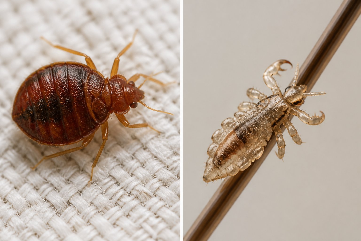 Close-up side-by-side images of a bed bug on fabric and a louse on human hair showing their differences.