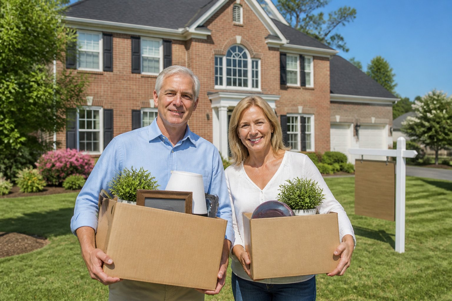 A middle-aged couple holding moving boxes outside a brick house with a landscaped yard.